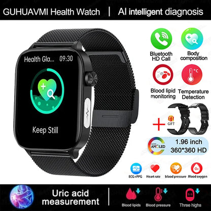2025 New AI Diagnosis Blood Lipids Uric Acid Body composition Test Smart Watch For Men ECG+PPG Bluetooth Call Health Smartwatch