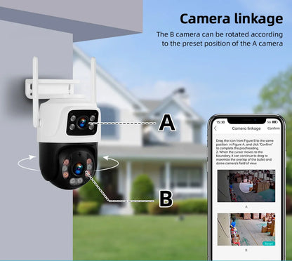 Cámara IP inalámbrica KERUI para exteriores con doble lente de 6 MP y WiFi
+ videovigilancia de seguridad para el hogar, detección humana, pantalla dual Icsee.