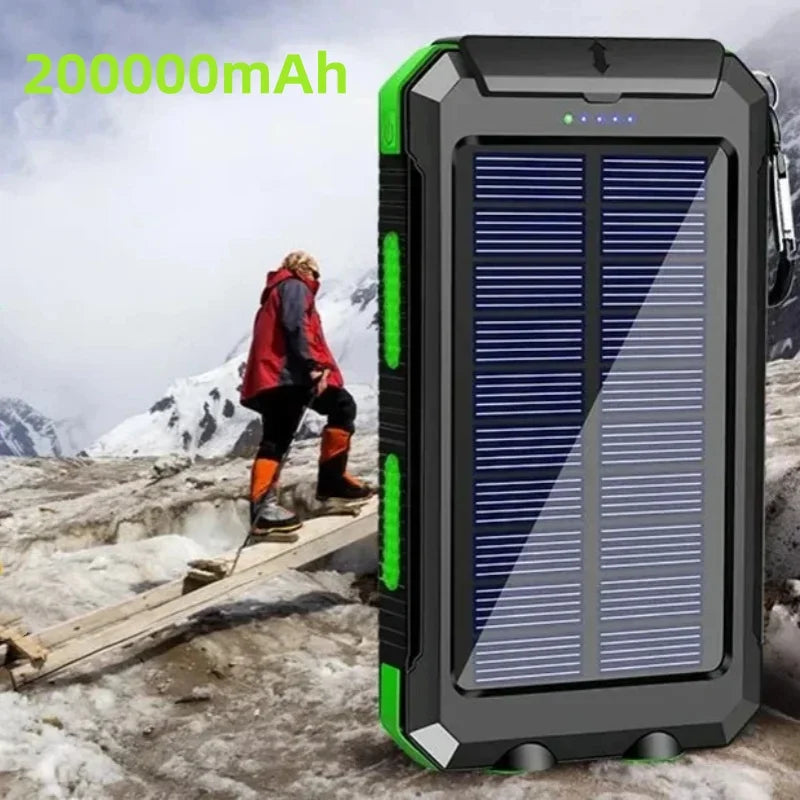 Banco de energía solar para exteriores, 200.000 mAh, resistente al agua, con doble puerto USB, para viajes y acampadas.
