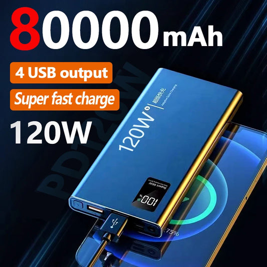Banco de energía de 80000 mAh, 120 W, carga ultrarrápida, capacidad 100 % suficiente, cargador de batería portátil con pantalla digital para iPhone y Xiaomi.