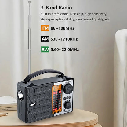 Radio portátil FM AM SW recargable para exteriores, solar, de banda completa, de alta sensibilidad, con iluminación LED y altavoz Bluetooth.