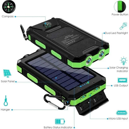 Banco de energía solar para exteriores, 200.000 mAh, resistente al agua, con doble puerto USB, para viajes y acampadas.