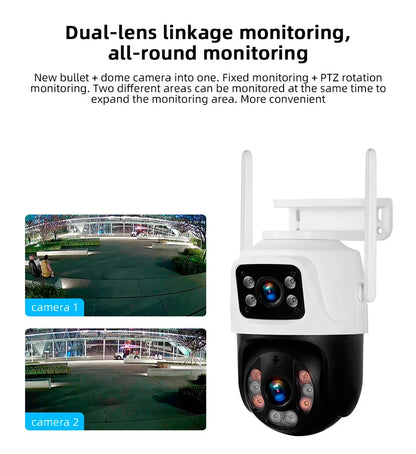 Cámara IP inalámbrica KERUI para exteriores con doble lente de 6 MP y WiFi
+ videovigilancia de seguridad para el hogar, detección humana, pantalla dual Icsee.