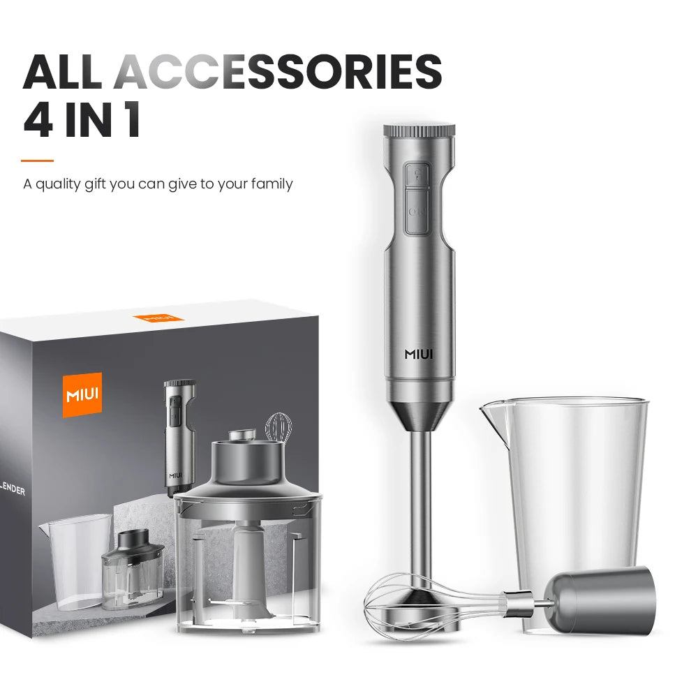 Batidora de mano MIUI de 1000 W, potente batidora de mano 4 en 1 de acero inoxidable.
+Vaso mezclador de 700 ml, procesador de 500 ml, batidor