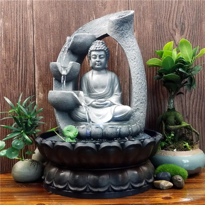 Fuente de cascada para interiores, fuente de relajación para mesa de oficina
Vista con luz LED, estatuas de Buda de Feng Shui de la suerte.