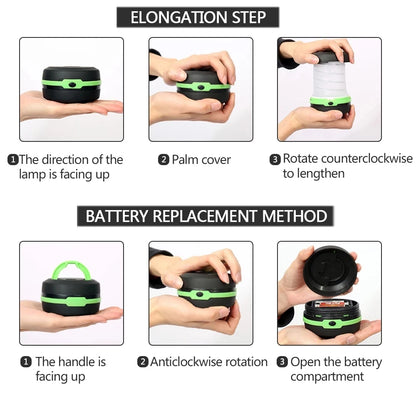 Nueva luz LED plegable telescópica para acampar, luz portátil para tienda de campaña, luz nocturna, luz de emergencia, linterna para acampar, funciona con pilas AA.