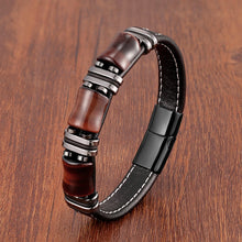 Cargar imagen en el visor de la galería, Pulsera de piedra natural con ojo de tigre, cadena de cuero negro, para hombre o mujer- 
 de acero inoxidable, joyería de moda .
