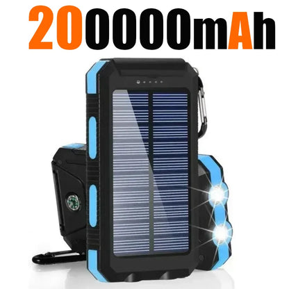 Banco de energía solar para exteriores, 200.000 mAh, resistente al agua, con doble puerto USB, para viajes y acampadas.
