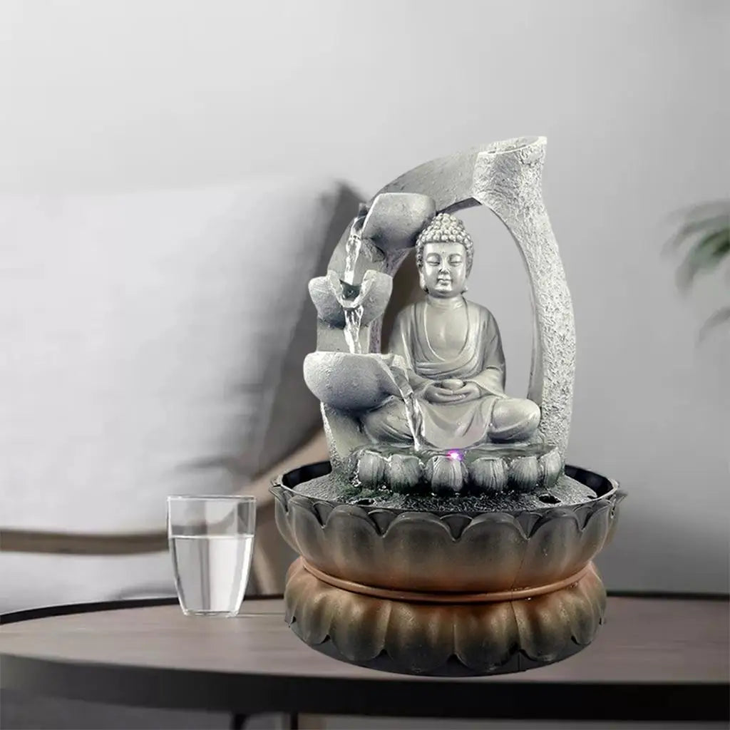 Fuente de cascada para interiores, fuente de relajación para mesa de oficina
Vista con luz LED, estatuas de Buda de Feng Shui de la suerte.