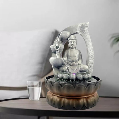 Fuente de cascada para interiores, fuente de relajación para mesa de oficina
Vista con luz LED, estatuas de Buda de Feng Shui de la suerte.