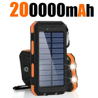 Banco de energía solar para exteriores, 200.000 mAh, resistente al agua, con doble puerto USB, para viajes y acampadas.