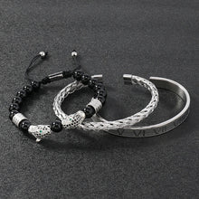 Cargar imagen en el visor de la galería, 3 Pulseras de lujo con cuentas de piedra negra y cabeza de leopardo -  Preciosos Brazaletes romanos de acero inoxidable esmaltados.
