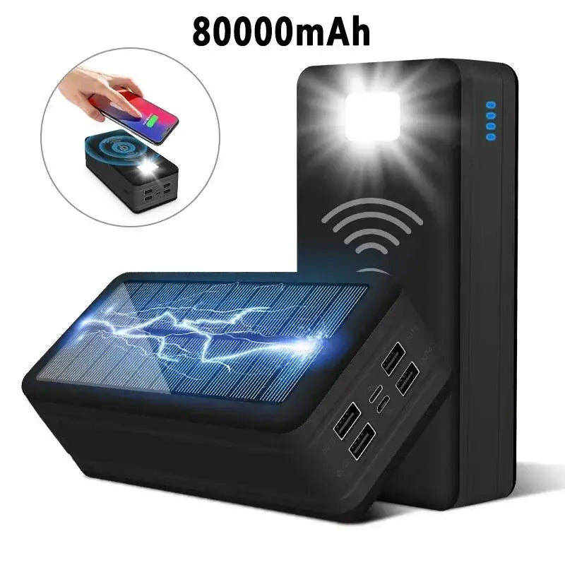 Cargador solar de 100.000 mAh y 120 W con 4 puertos USB para todo tipo de teléfonos móviles y dispositivos electrónicos.