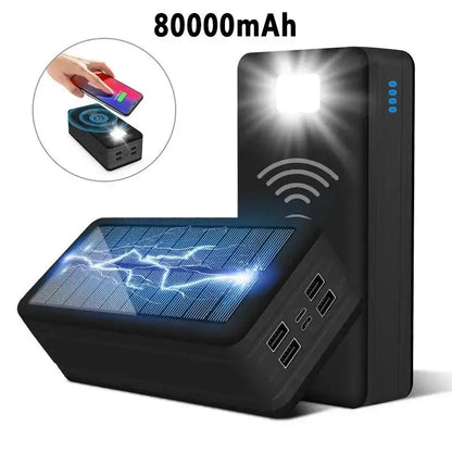 Cargador solar de 100.000 mAh y 120 W con 4 puertos USB para todo tipo de teléfonos móviles y dispositivos electrónicos.