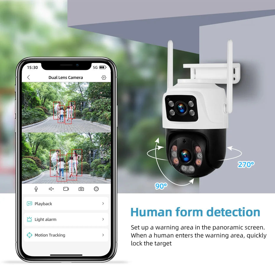 Cámara IP inalámbrica KERUI para exteriores con doble lente de 6 MP y WiFi
+ videovigilancia de seguridad para el hogar, detección humana, pantalla dual Icsee.