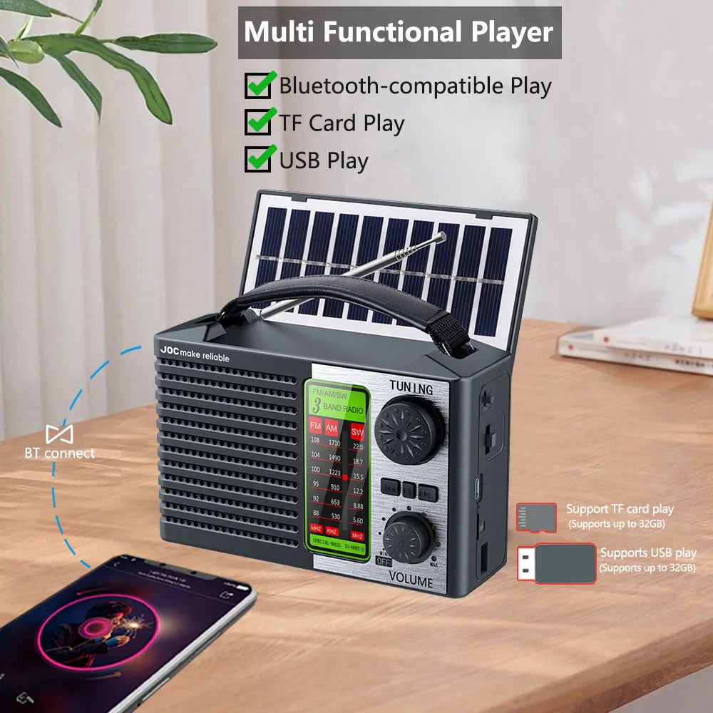 Radio portátil FM AM SW recargable para exteriores, solar, de banda completa, de alta sensibilidad, con iluminación LED y altavoz Bluetooth.