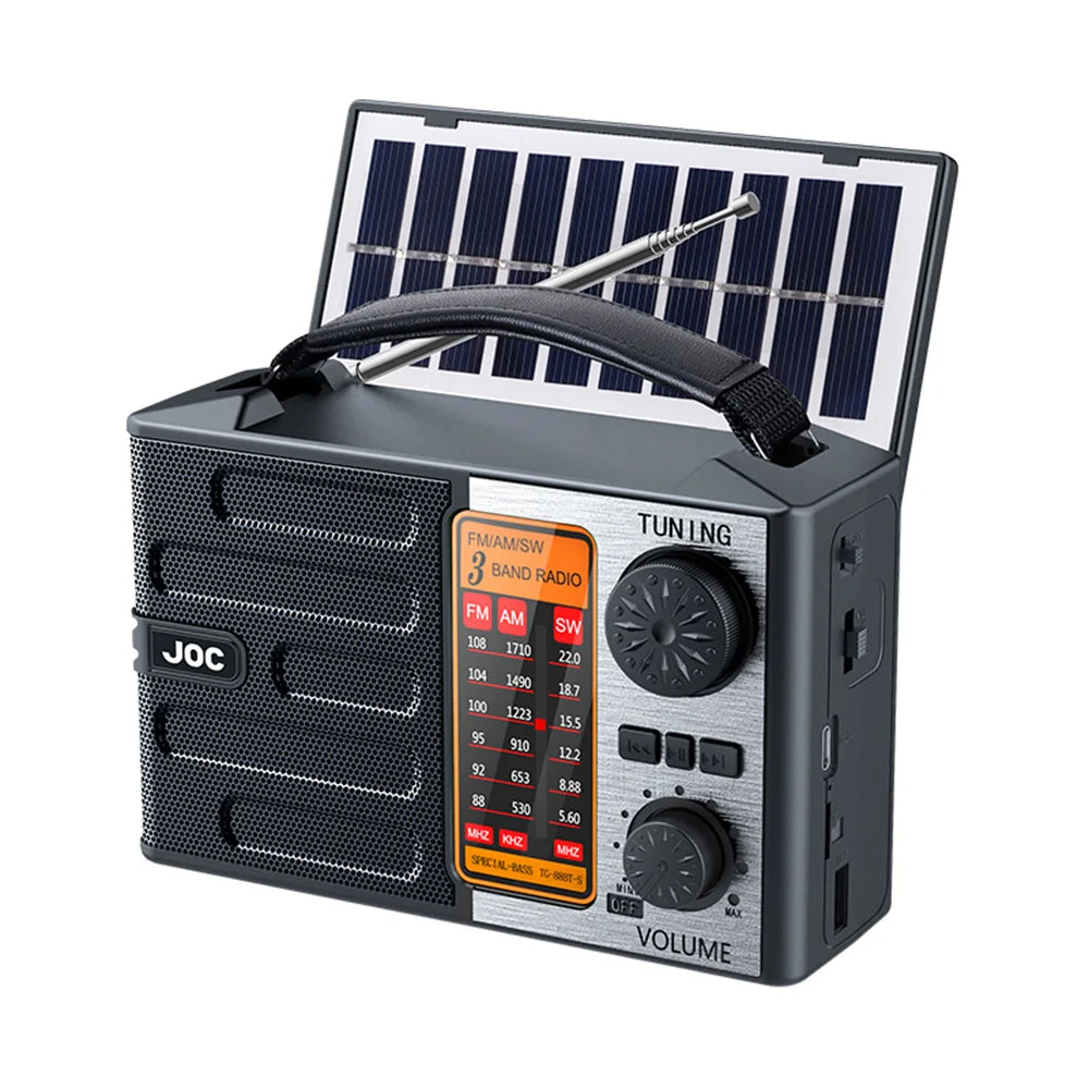 Radio portátil FM AM SW recargable para exteriores, solar, de banda completa, de alta sensibilidad, con iluminación LED y altavoz Bluetooth.