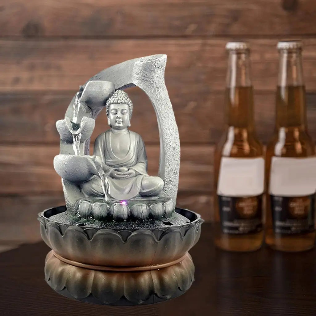 Fuente de cascada para interiores, fuente de relajación para mesa de oficina
Vista con luz LED, estatuas de Buda de Feng Shui de la suerte.