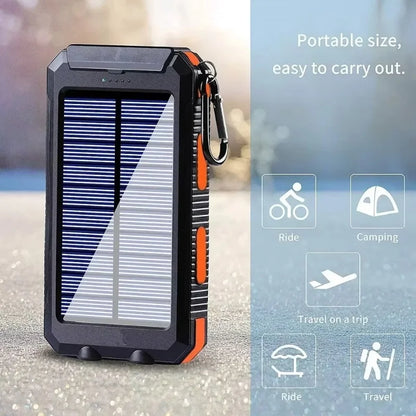 Banco de energía solar para exteriores, 200.000 mAh, resistente al agua, con doble puerto USB, para viajes y acampadas.