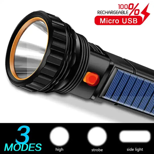 Linterna solar LED multifunción, linterna para exteriores de largo alcance, banco de energía de emergencia.
