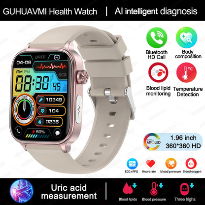 2025 New AI Diagnosis Blood Lipids Uric Acid Body composition Test Smart Watch For Men ECG+PPG Bluetooth Call Health Smartwatch