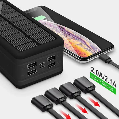 Cargador solar de 100.000 mAh y 120 W con 4 puertos USB para todo tipo de teléfonos móviles y dispositivos electrónicos.