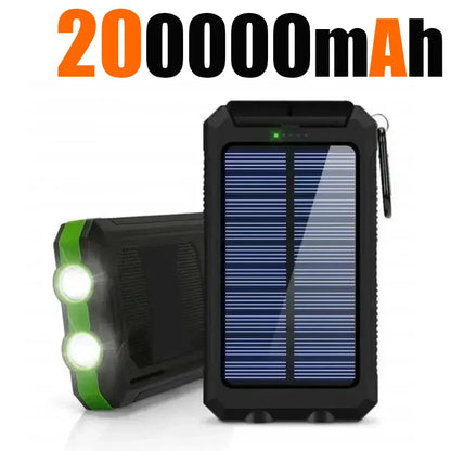 Banco de energía solar para exteriores, 200.000 mAh, resistente al agua, con doble puerto USB, para viajes y acampadas.