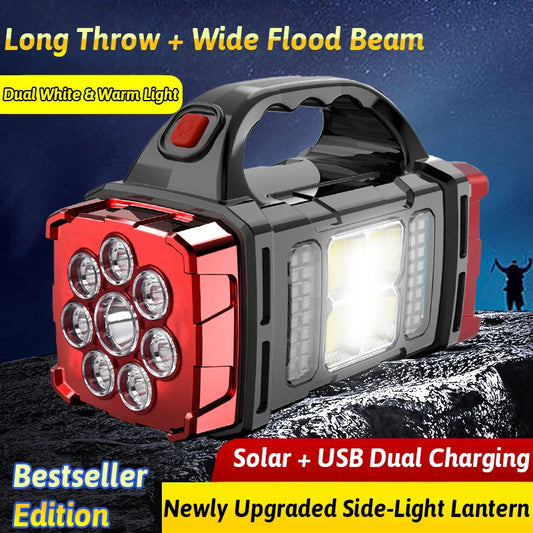 Luz LED solar recargable de doble color y doble fuente de luz, 16 LED, función de banco de energía USB, interruptores múltiples, iluminación portátil para exteriores