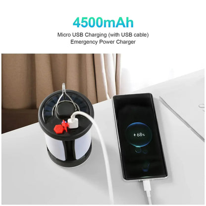 Linterna solar LED de camping de alta potencia, recargable, 4500 mAh, 1000 LM, batería de emergencia, plegable, 6 modos de luz para camping y pesca.