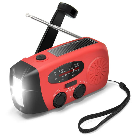 Radio de emergencia para acampar al aire libre, radio solar con dinamo y manivela, FM/AM/NOAA, cargador de teléfono de 2000 mAh, batería externa, linterna SOS