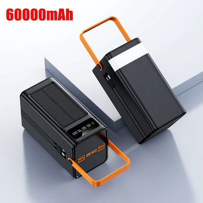 Banco Bateria  de carga solar de 50000/60000 mAh, batería externa de gran capacidad y engrosada, para viajes al aire libre, con luz LED, para teléfono móvil.