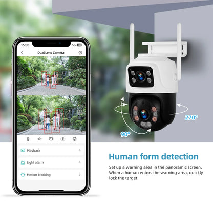 Cámara IP inalámbrica KERUI para exteriores con doble lente de 6 MP y WiFi
+ videovigilancia de seguridad para el hogar, detección humana, pantalla dual Icsee.