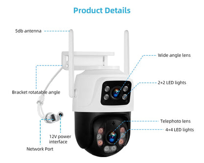 Cámara IP inalámbrica KERUI para exteriores con doble lente de 6 MP y WiFi
+ videovigilancia de seguridad para el hogar, detección humana, pantalla dual Icsee.