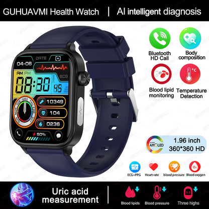 2025 New AI Diagnosis Blood Lipids Uric Acid Body composition Test Smart Watch For Men ECG+PPG Bluetooth Call Health Smartwatch
